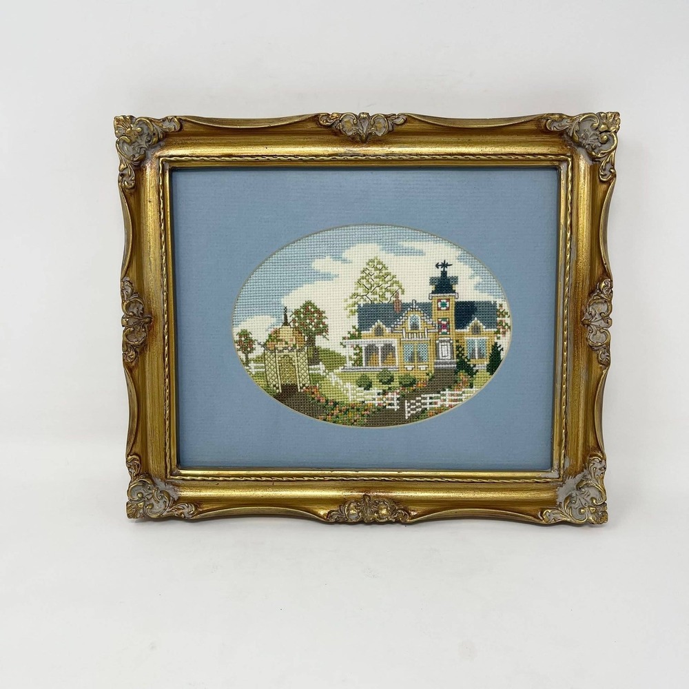 VTG Framed Cross Stitch Ornate Gold Frame Victorian House Wall Art Collage